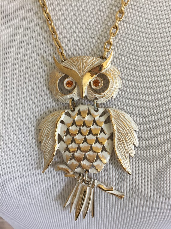 Gold Toned Metal White Enamel Owl Necklace - Ambe… - image 2