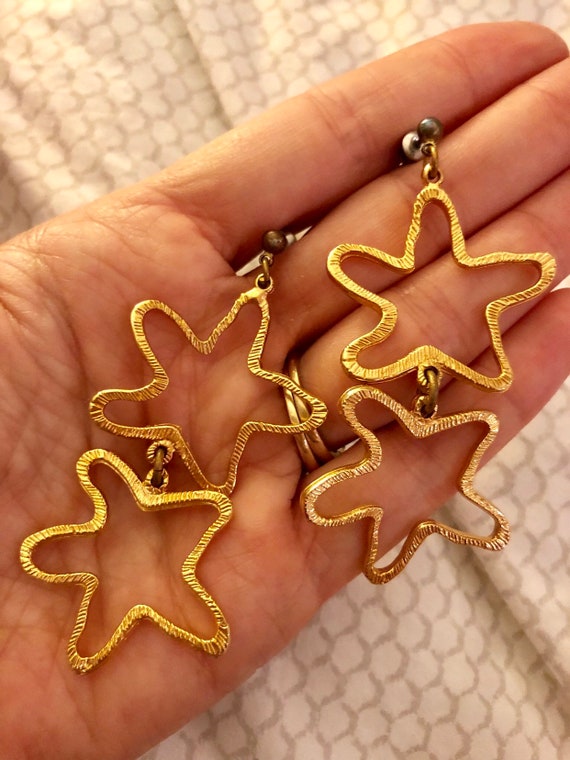 Brushed Gold Toned Metal Star Earrings Dangling St