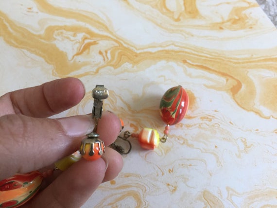 Vintage Dangle Earrings 1970s with Yellow, Orange… - image 2