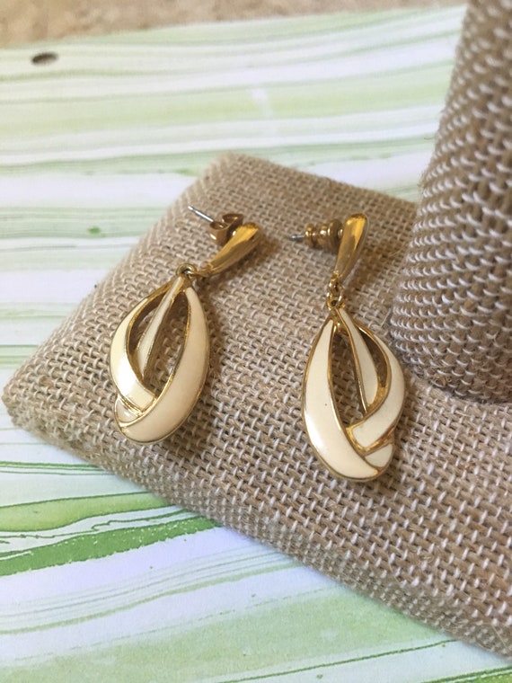 Gold Toned Metal Earrings with White Enamel - Sig… - image 7