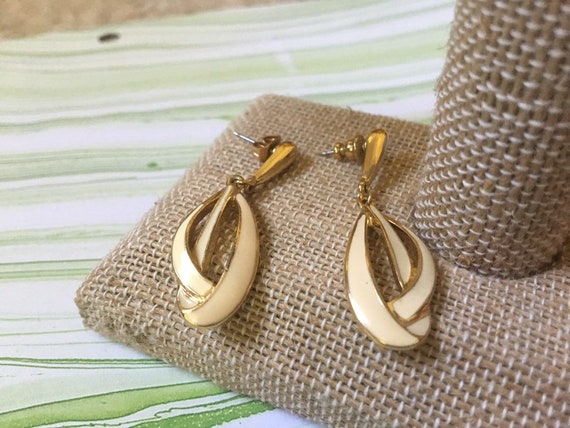 Gold Toned Metal Earrings with White Enamel - Sig… - image 4