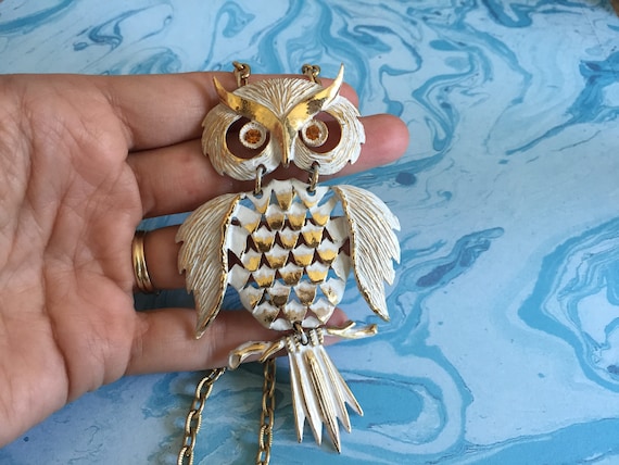 Gold Toned Metal White Enamel Owl Necklace - Ambe… - image 1