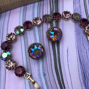 Purple Bracelet Earrings Set Lavender Aurora Borealis Round Faceted Prong Set Rhinestone Bracelet and Earring Set Signed Karu Clip On