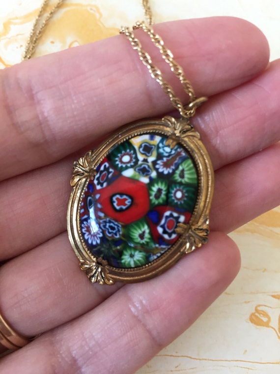 Millefiori Pendant Necklace in Gold Toned Metal S… - image 1