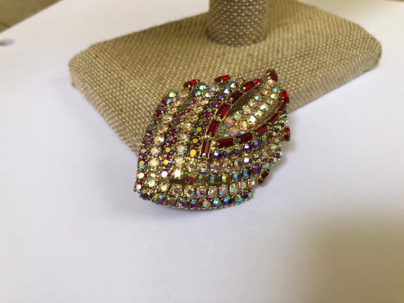 Aurora Borealis Brooch Red Rhinestone Gold Toned … - image 2