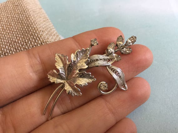 Sterling Silver Leaf Brooch with Ice Colored Marq… - image 1