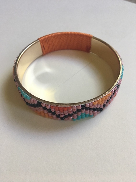 Artisan Seed Bead Bangle Bracelet with Gold Toned… - image 1