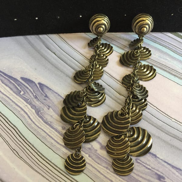 Brass Colored Dangle Earrings with Textured Round Disc and Round Bead - Clip On Earrings - Vintage