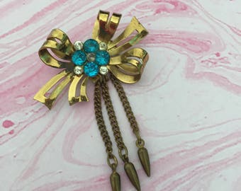 Broche Vintage Orée Cabochon Pierre Turquoise Avec Pampille Et Perle - Modèle 4544