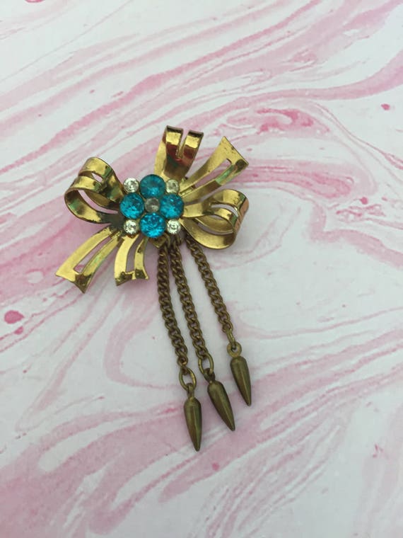 Gold Toned Metal Bow Brooch with Round Aqua and C… - image 1