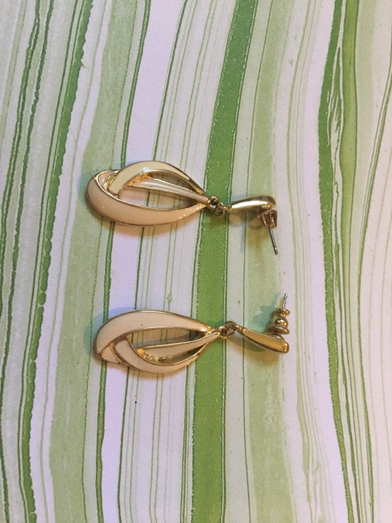 Gold Toned Metal Earrings with White Enamel - Sig… - image 6