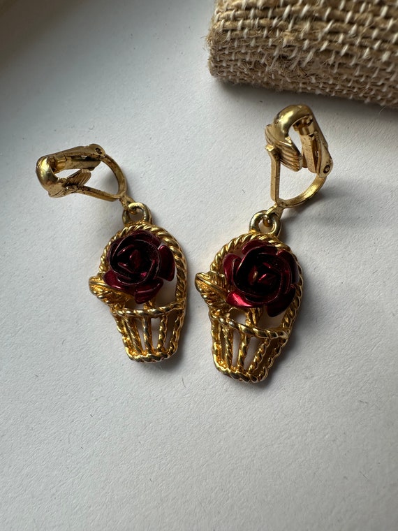 Red Rose in Basket Dangle Earrings with Gold Tone… - image 2