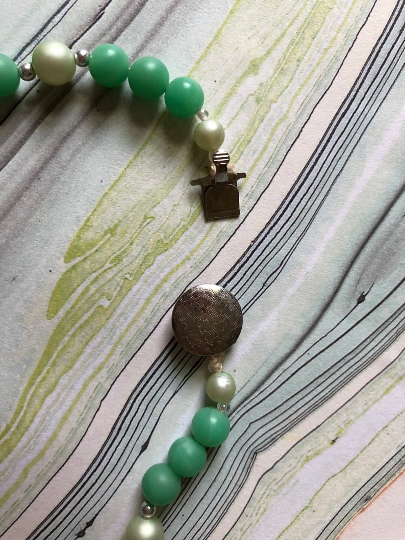 Beaded Art Glass Light Green Opalescent Pearlescent and Green Aurora Borealis Beads Necklace Cluster Beaded Clip On Earrings 1940s 1950s