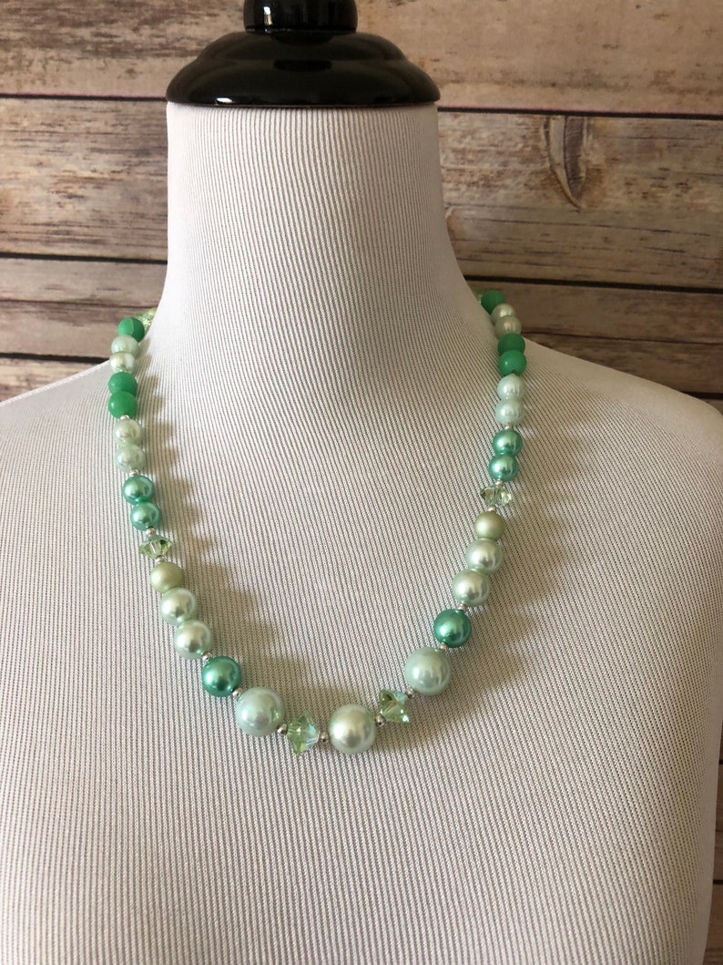 Beaded Art Glass Light Green Opalescent Pearlescent and Green Aurora Borealis Beads Necklace Cluster Beaded Clip On Earrings 1940s 1950s