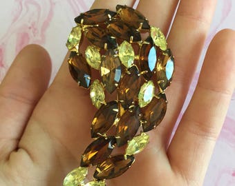 Mocha Brown and Yellow Marquis Rhinestone Brooch - Gold Toned Metal - Prong Set Rhinestone Vintage Brooch