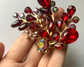 Broche Vintage Années 60 Avec Strass Irisés - Diamètre 27mm, Métal Cuivre, Occasion