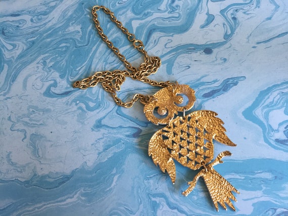 Gold Toned Metal White Enamel Owl Necklace - Ambe… - image 7
