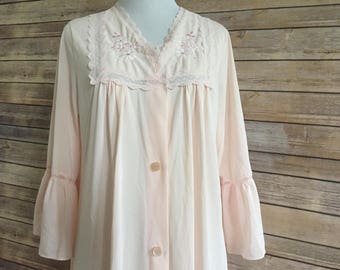 Pale Pink Lingerie Robe with Lace and Flowers- 1950s 1960s Floor Length Floral Robe - Vintage Sleepwear Pajama
