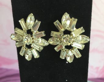 Rhinestone Burst Earrings Vintage Marquis Round & Emerald Cut Rhinestone Earrings Ice Colored Silver Toned Metal