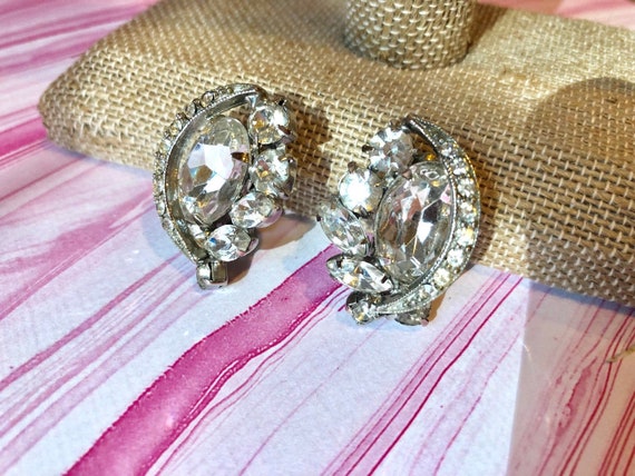 Ice Rhinestone Earrings Clip On Vintage Jewelry B… - image 1