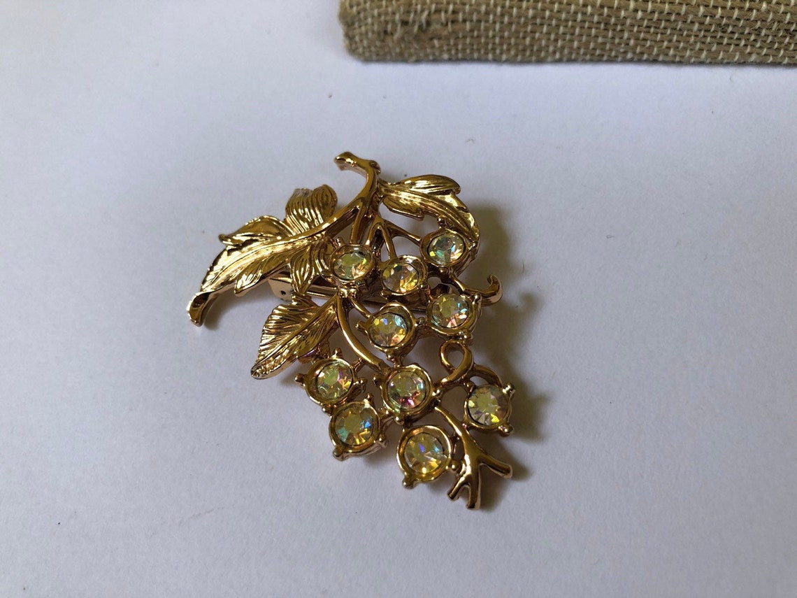 Coro Grape Vine Brooch Gold Toned Metal Aurora Borealis | Etsy