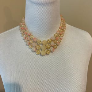 Pale Pink and Champagne Multi Strand Beaded Necklace Vintage Gold Toned Metal Japan
