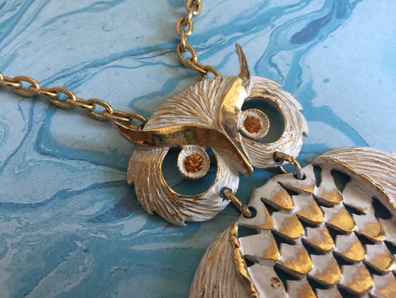 Gold Toned Metal White Enamel Owl Necklace - Ambe… - image 9