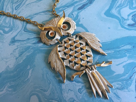 Gold Toned Metal White Enamel Owl Necklace - Ambe… - image 10