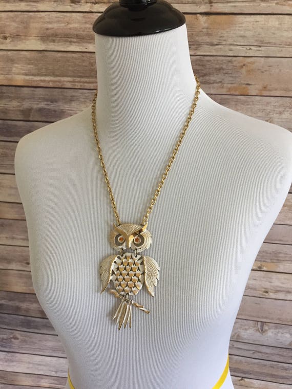 Gold Toned Metal White Enamel Owl Necklace - Ambe… - image 3