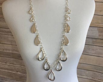 Silver Toned Metal with Dangling Tear Drop Pendants - Signed Chicos - Long Necklace - Adjustable Length - Pullover