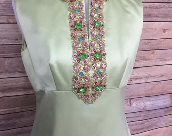 Rhinestone Studded Formal Floor Length Dress - Light Green Satin Vintage Formal Maxi Dress by Kiki Hart