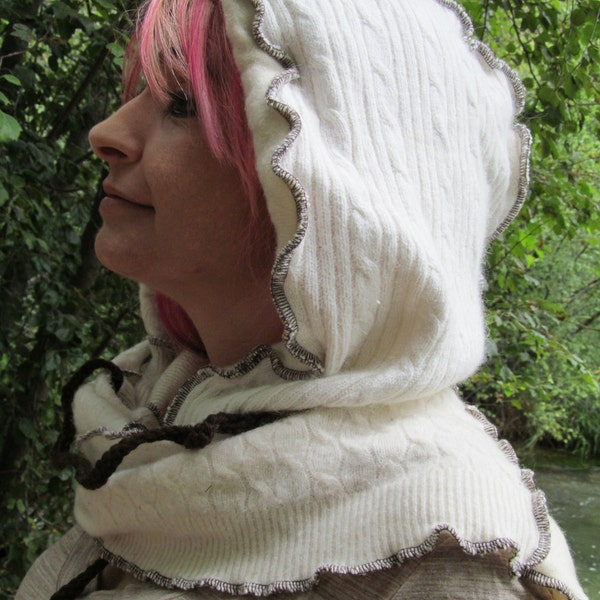 So Soft Brown & Cream Ivory Off White Cashmere Scood Scoodie Hooded Scarf Hood Hat with Pockets