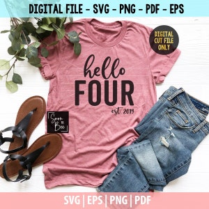 Hallo vier, vier Jahre altes Geburtstagsshirt, Geschenk für vier Jahre, Geburtstagsgeschenk für Mädchen mit Herz, Hello Four Geburtstagskarte für Mädchen mit vier Jahren