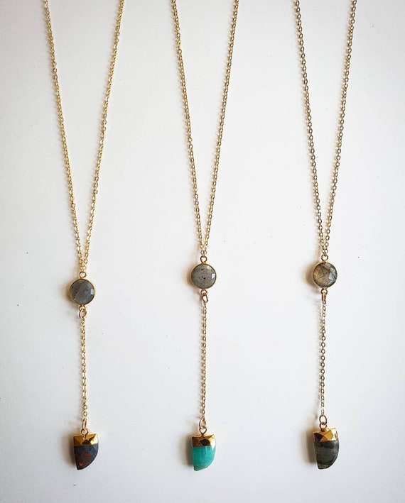 Tiger Nail Drop Necklace With Natural Labradorite Gemstone Connector 22k Gold Electroplated - Tiger Nail Pendant Gold Tiger Nail Drop Necklace With Natural Labradorite Gemstone Connector 22k Gold Electroplated - Tiger Nail Pendant Gold