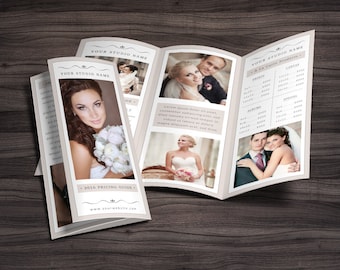May include: A tri-fold brochure for a photography studio. The brochure features images of brides and grooms, and a price list for prints, albums, and canvases. The text on the brochure reads "2016 Pricing Guide" and "Your Studio Name".