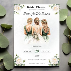 Bridal Shower Invitation Template Design 0001, easy edit and instant download with Corjl, greenery, botanical, flowers, leaves, printable