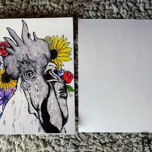 Rooster in the Flowers Note Card/Post Card/print- Original Art- Note- Rooster Art- Ink Media - Art - Drawing - illustration