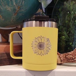 RTIC Sunflower Gift Stainless Steel Coffee Handled Coffee Mug | 15 oz Flower To Go Cup | Mother's Day Present | Eco Coffee Cup