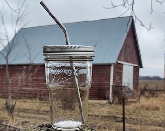 16 oz Nesting Mason Drinking Jar & Stainless Steel Straw | Nesting Jar| To Go 16 oz  Wide Mouth Mason Drinking Glass | Eco Ball Jar