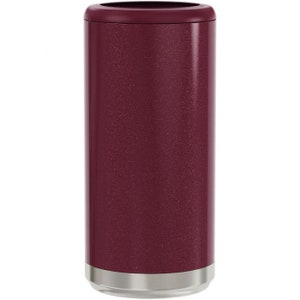 May include: A maroon glitter insulated can cooler with a stainless steel bottom.
