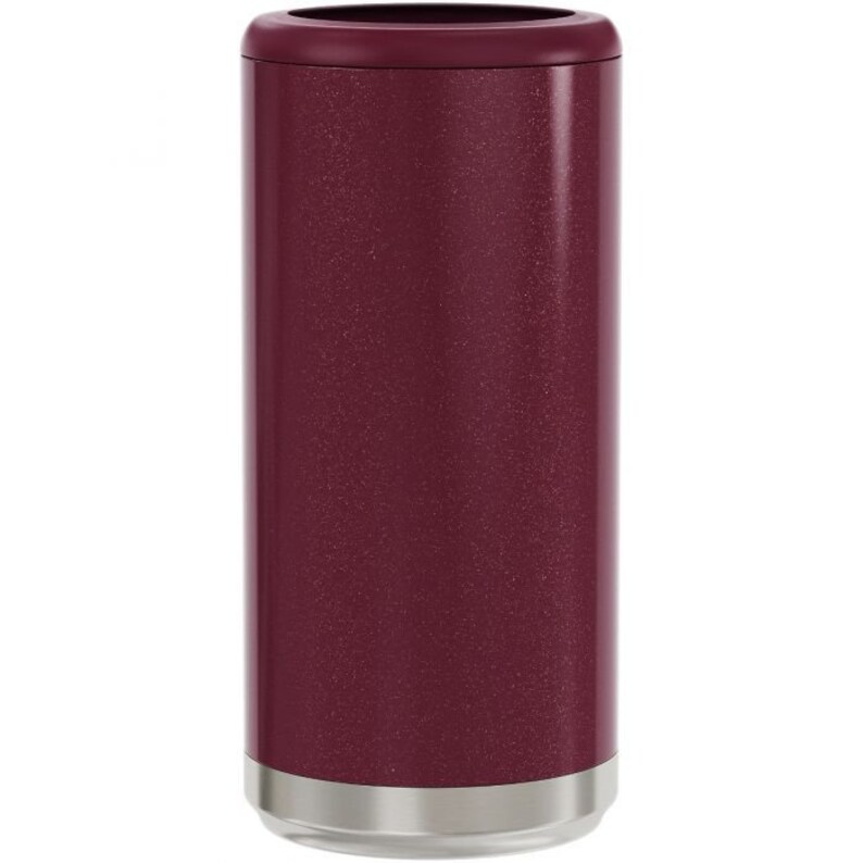 May include: A maroon glitter insulated can cooler with a stainless steel bottom.