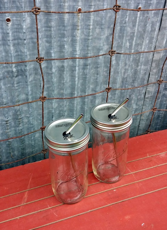 Set Of 3 Glass Drink Jars With Lid for Straw Red Lids Drinking Jars