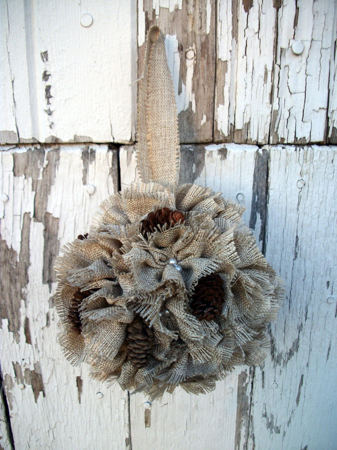 Burlap Kissing Ball Rustic Romantic Shabby Chic Burlap, Pine Cone and