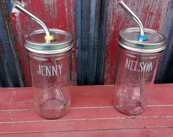 Set of 2 Personalized Gifts  Mason Jar Tumbler & Stainless Steel Straw | 24 oz Mason Drinking Jars| To Go 24 oz Wide Mouth | Bridesmaids