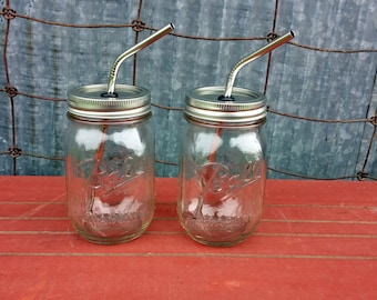 2 Mason Jar Tumblers | 16oz Pint Mason Drinking Jars & Stainless Steel Straws | To Go 16 oz  Mason Drinking Glass | Stainless Steel Straw
