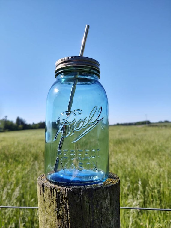 Quart Blue Mason Jar Tumbler With Stainless Steel Straw Ball