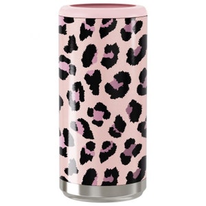 May include: Pink and black leopard print insulated can cooler. The cooler has a pink lid and a stainless steel bottom.