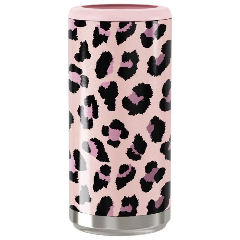 May include: Pink and black leopard print insulated can cooler. The cooler has a pink lid and a stainless steel bottom.