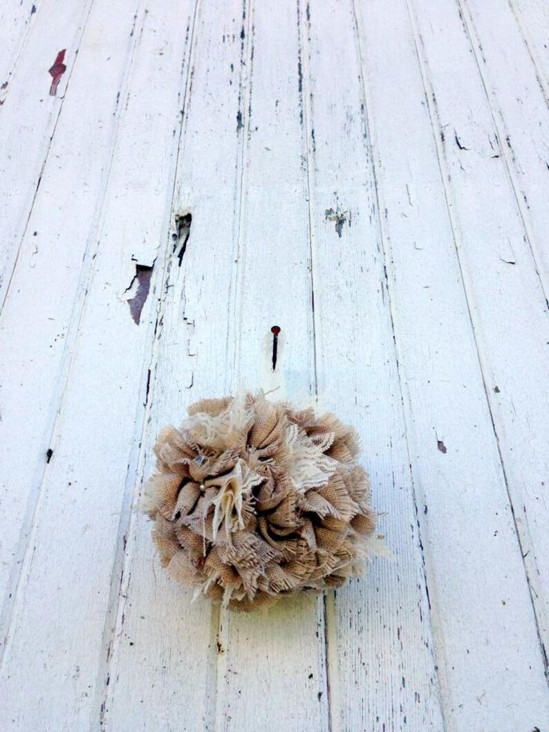 Rustic Romantic Shabby Chic Burlap Flower Alternative Pomander Burlap Kissing Ball Flower Girl Basket Lace and Pearl Wedding 7 Inch