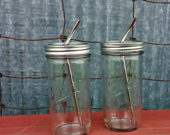 Mason Jar Tumbler | 24 oz Mason Drinking Jars Set of 2 & Stainless Steel Straws | To Go 24 oz Wide Mouth | Ball Jar | Stainless Steel Straws